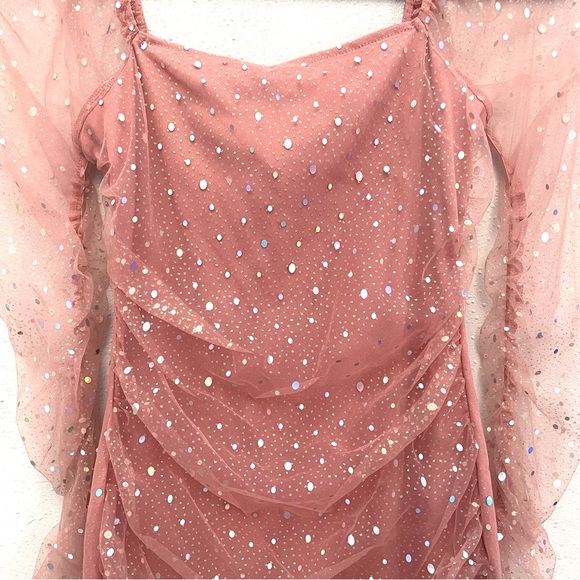 Double Crazy Dusty Pink Square Neck Contrast Sequin Mesh Bodycon Dress - Picture 4 of 10